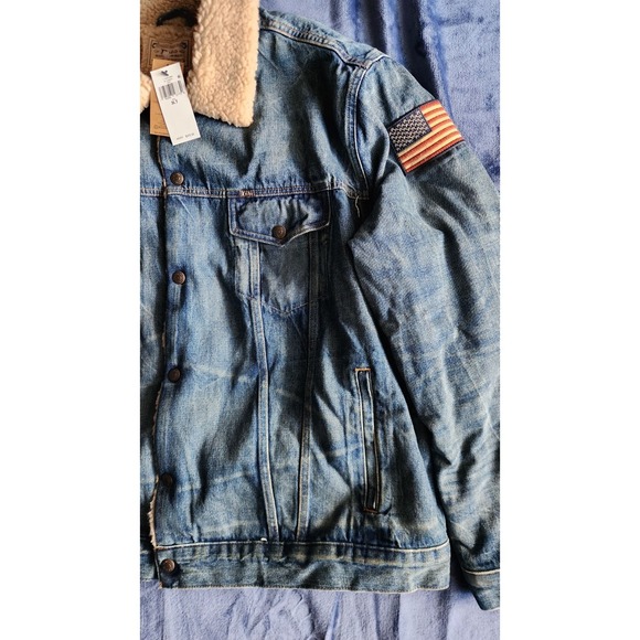 NWT Polo Ralph Lauren Men's Sherpa Fleece Lined Denim Trucker Jean Jacket w/Flag - Picture 4 of 14